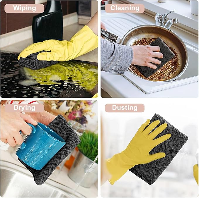 Microfiber cloth for household cleaning shown wiping, cleaning a pan, drying a mug, and dusting surfaces