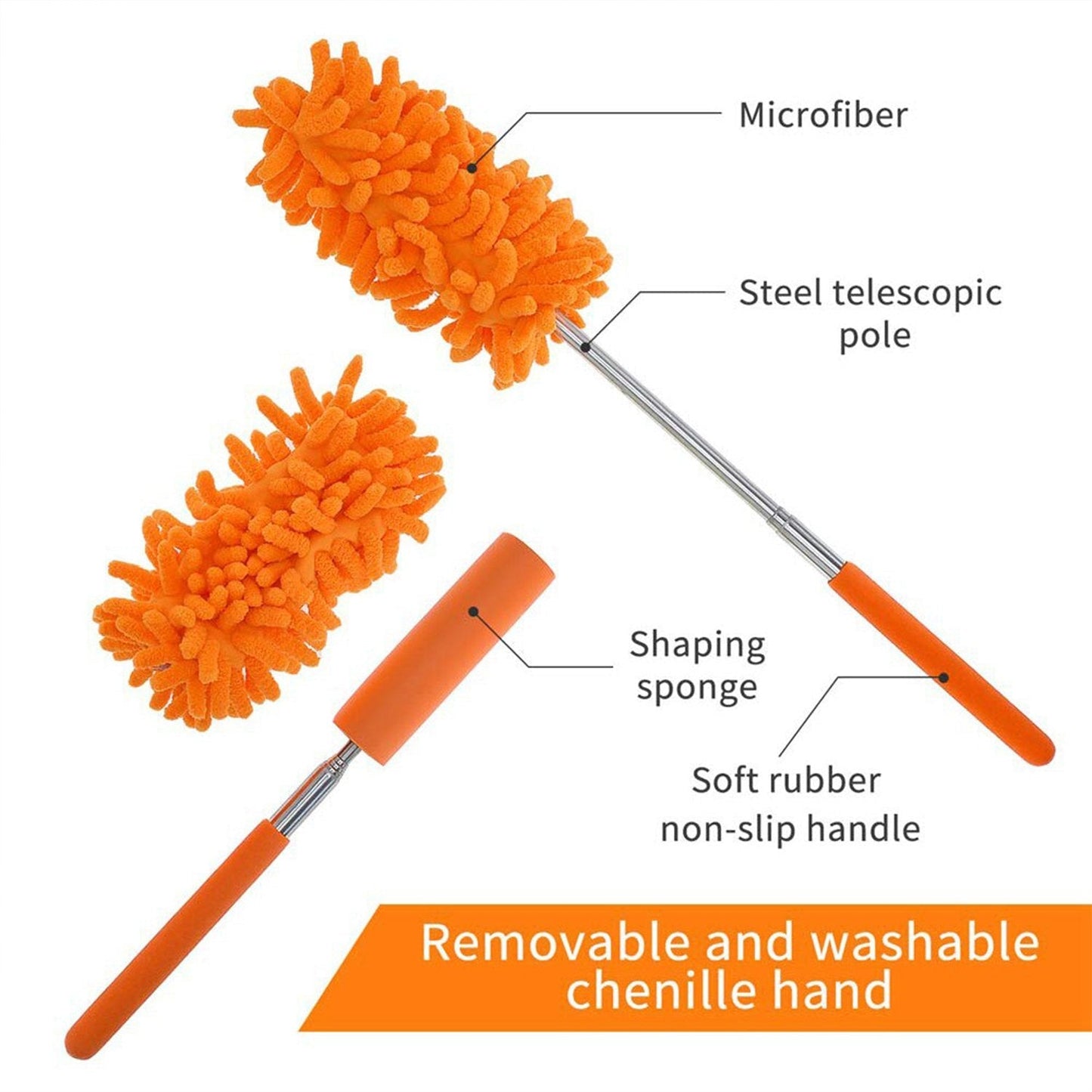 Microfiber fan cleaning duster with a steel telescopic pole and removable chenille hand for effective dusting