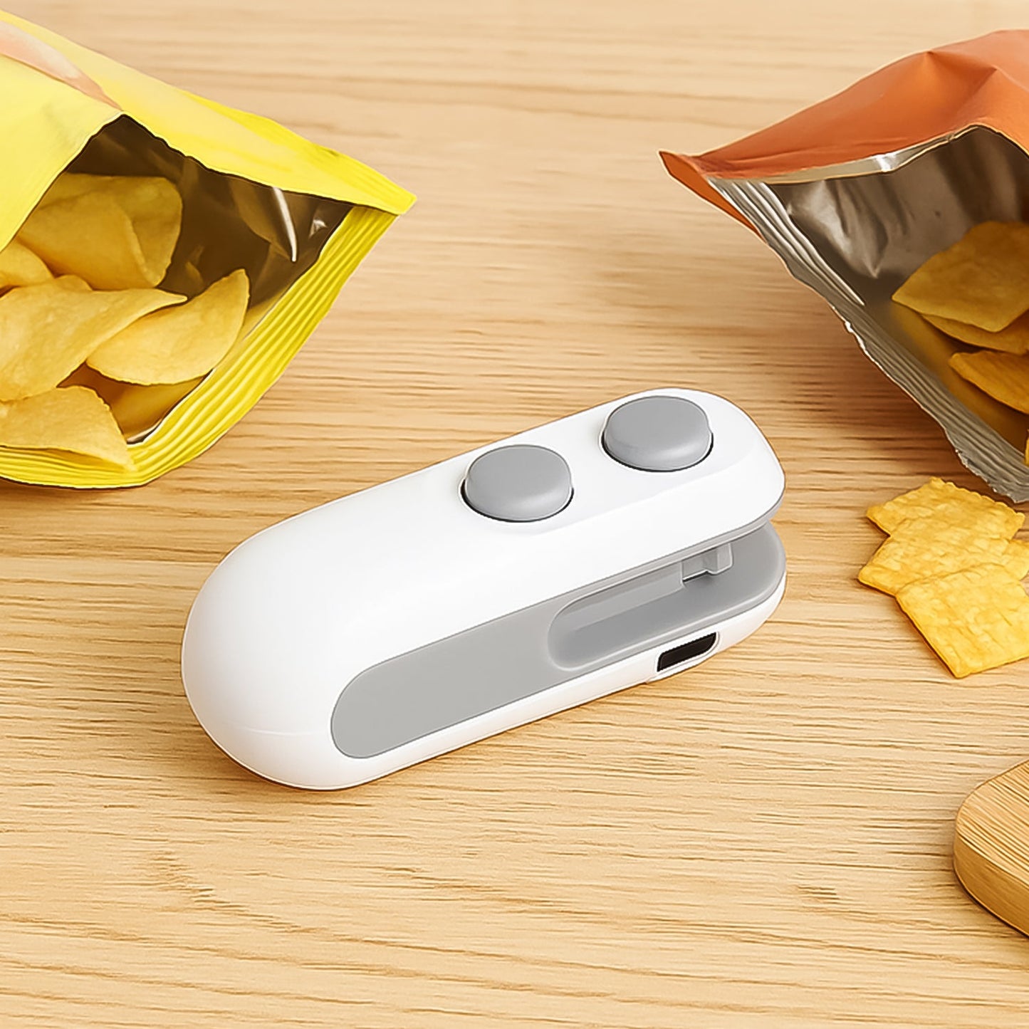 Mini bag sealer for snacks in white, sealing open snack bags for freshness preservation