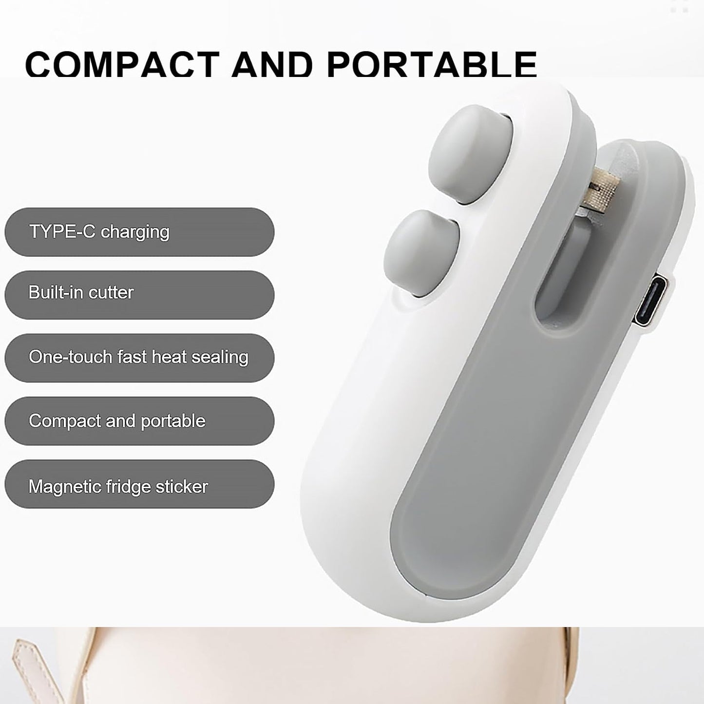 Portable mini bag sealer for snacks with built-in cutter and Type-C charging feature