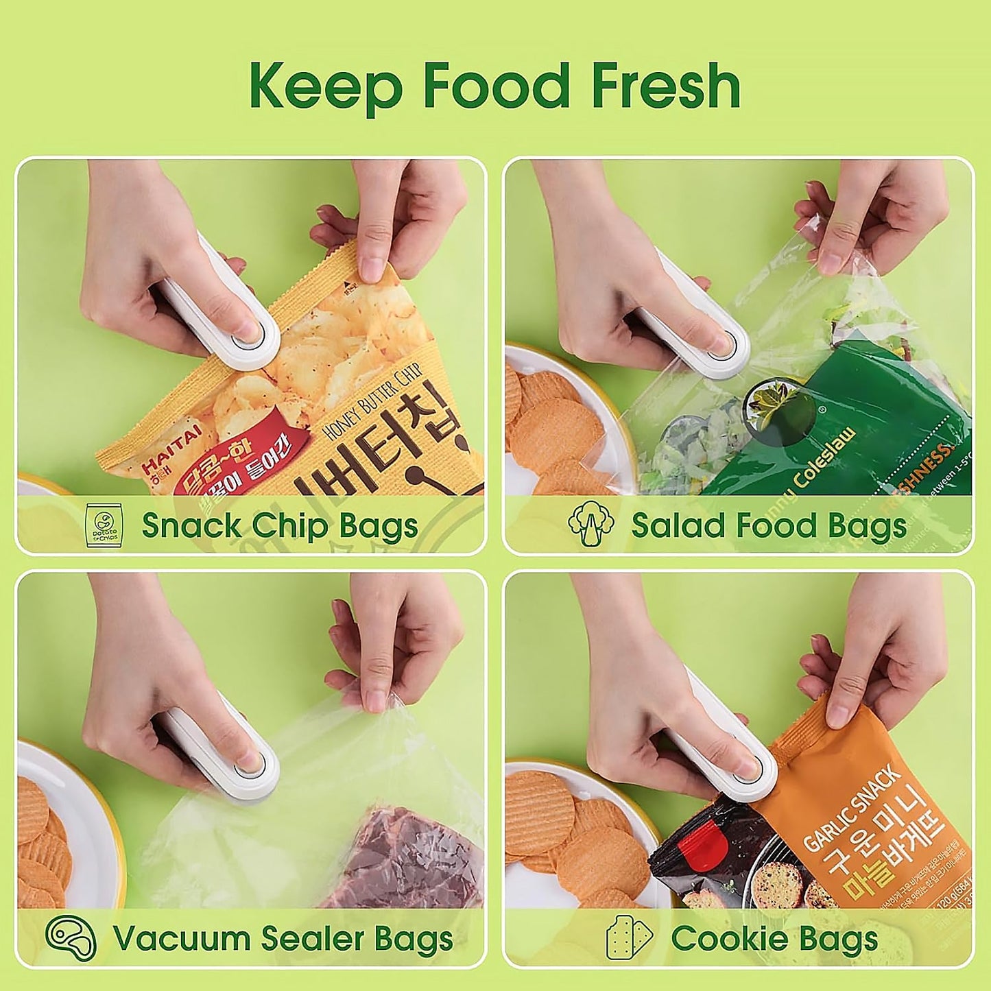 Mini bag sealer for snacks sealing chip, salad, vacuum, and cookie bags to keep food fresh
