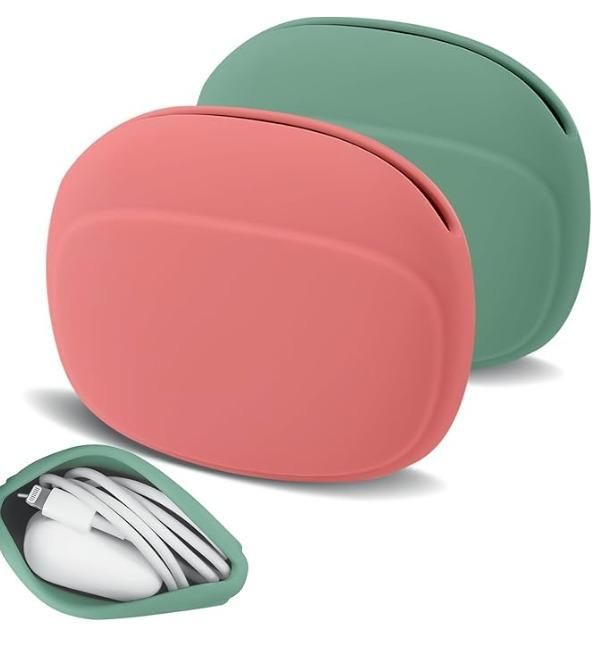 THE GIR FARMER mini silicone earbud holder in pink and green with compact storage for earbuds and cables