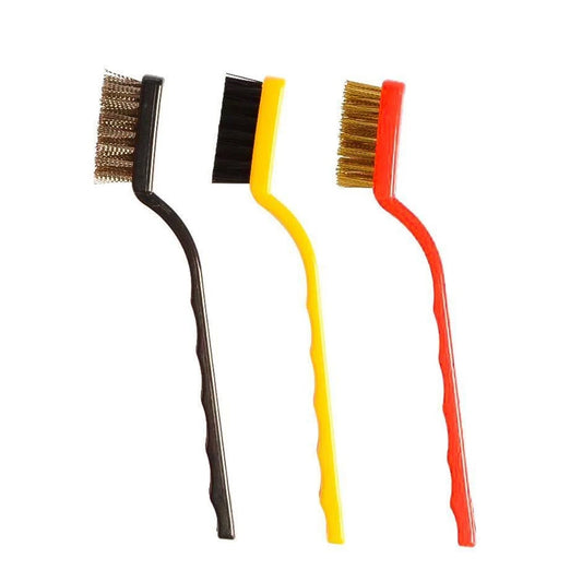 Mini wire brush set with three brushes in black, yellow, and red for precision cleaning tasks