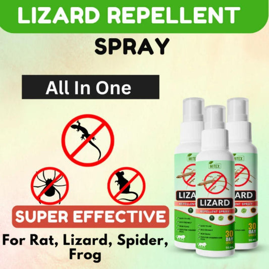Organic lizard repellent spray in three bottles with effectiveness against lizards, rats, spiders, and frogs