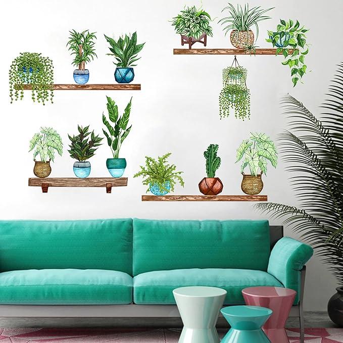 Living room with teal couch and monstera wall stickers of green potted plants on wooden shelves