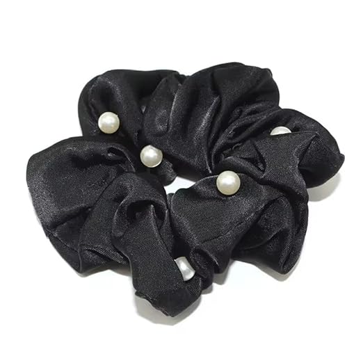 Gir Farmer black mulberry silk scrunchies with decorative white pearls for gentle hair styling