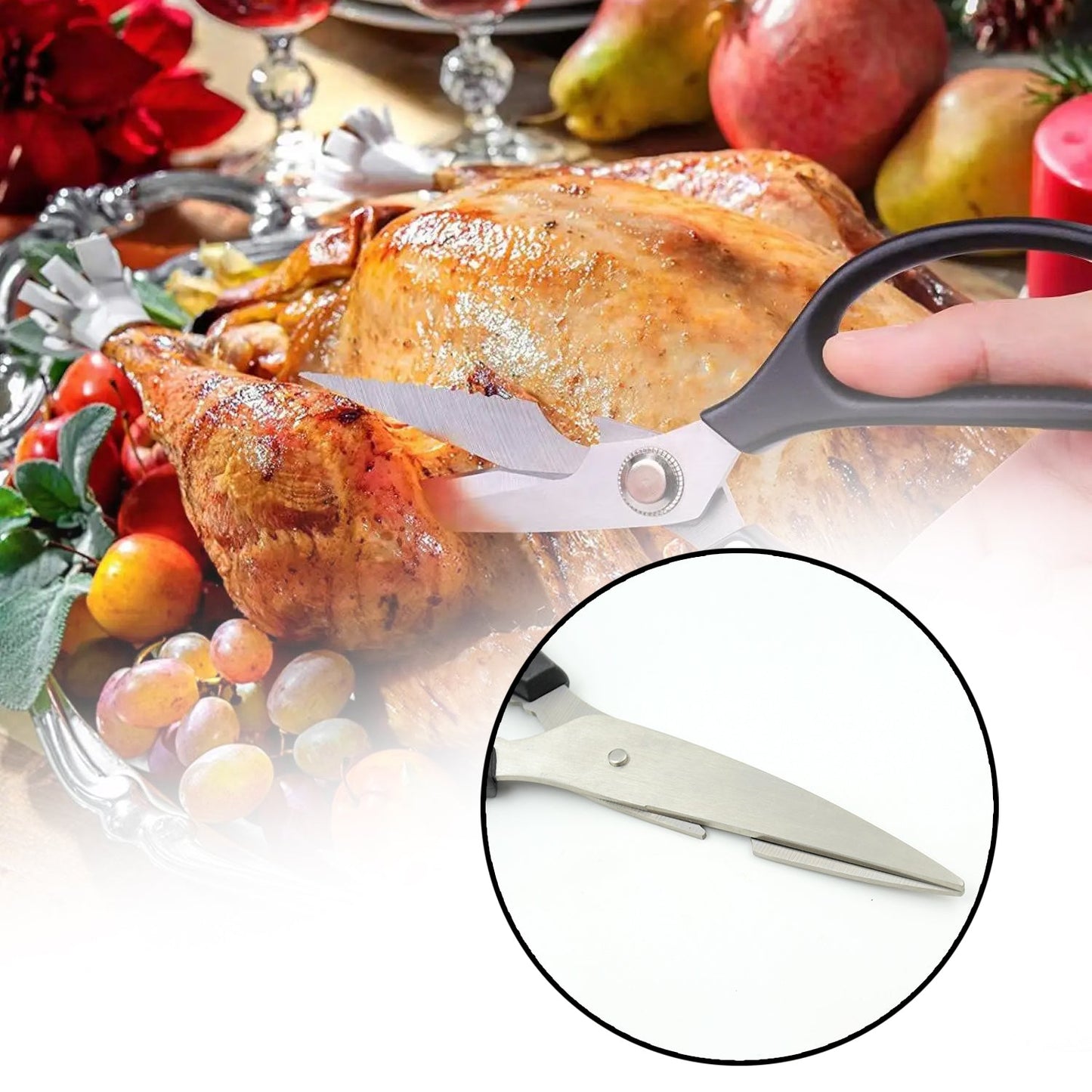 Your Brand multi function kitchen scissors cutting juicy turkey for holiday meals