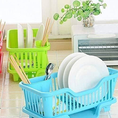THE GIR FARMER multi-functional dish drying rack in blue and green holding plates, chopsticks, and utensils on kitchen counter