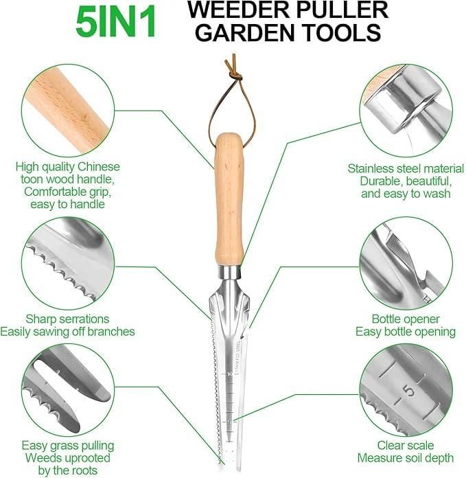 5-in-1 multi-purpose weed remover with wooden handle stainless steel durable sharp serrations and bottle opener