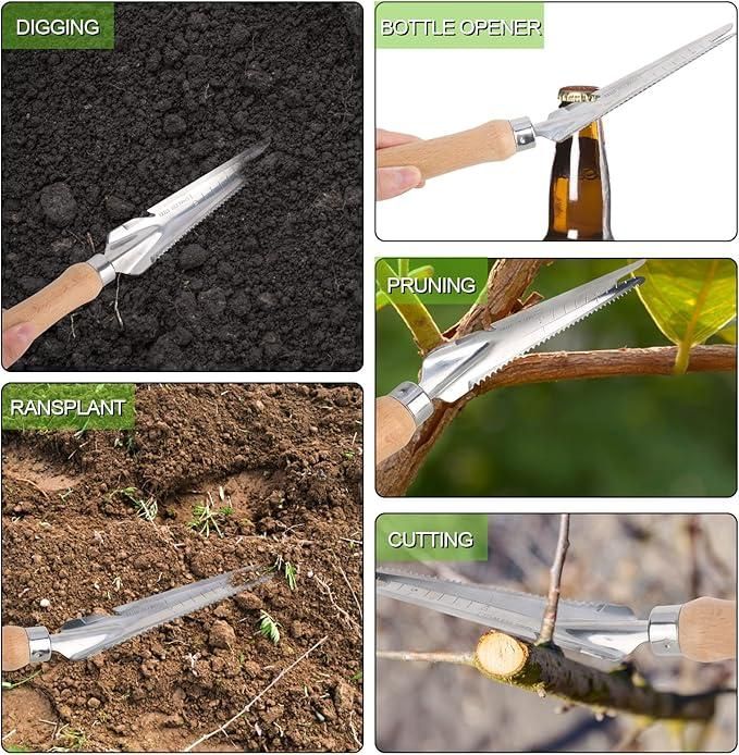 Multi-purpose weed remover with wooden handle used for digging, pruning, cutting, transplanting, and opening bottles