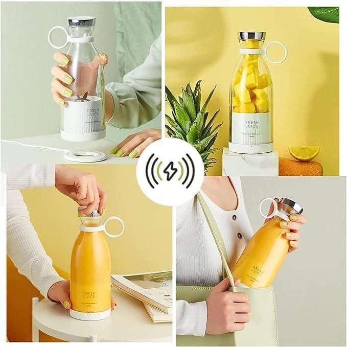 Compact blender for travel shown in white with glass bottle blending fresh juice and portable design