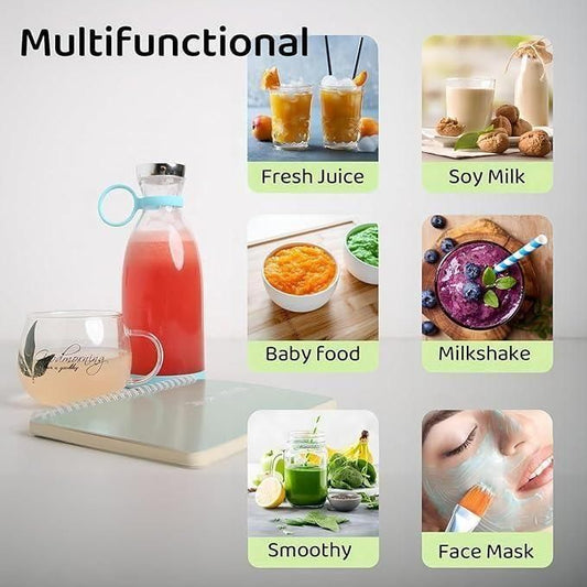 Multifunctional compact blender for travel showing uses for fresh juice soy milk baby food milkshake smoothie and face mask