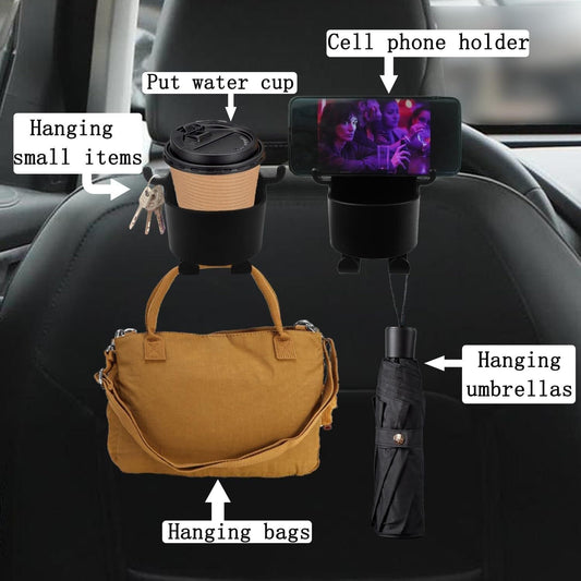 Multifunctional hanging storage cup for cars featuring phone holder, key storage, and bag organizer