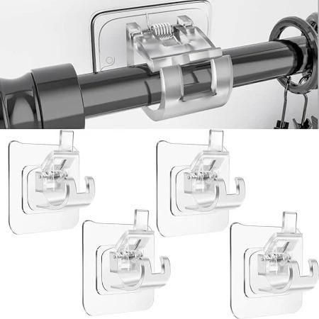Set of transparent multifunctional rod holder clips securing rods and tools to walls for organized storage
