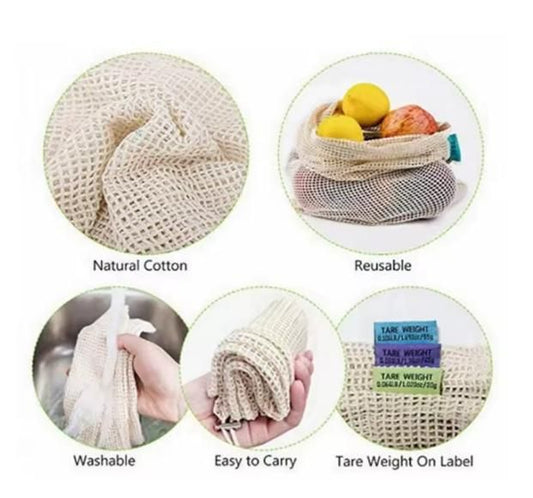 THE GIR FARMER mesh produce bags for groceries made of natural cotton reusable washable and easy to carry with tare weight labels