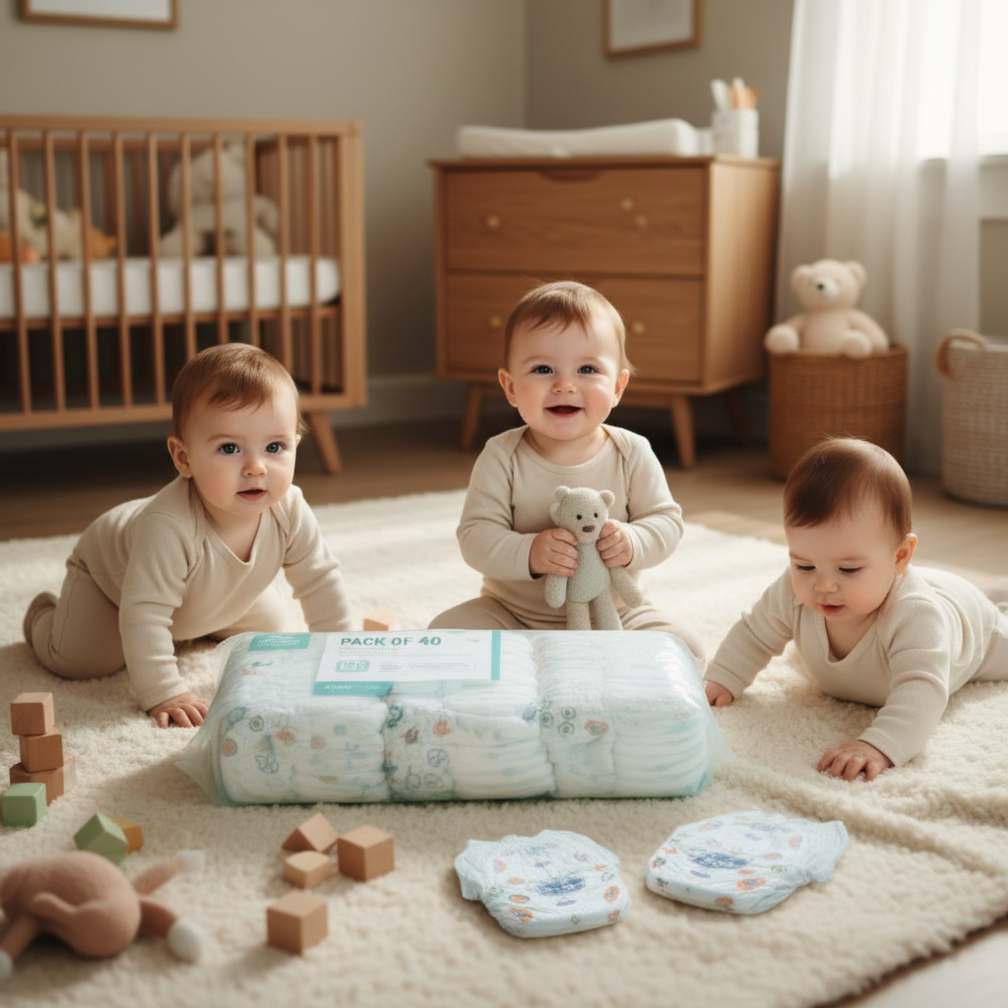 Pack of natural eco-friendly baby diapers alongside individual diapers presented on a wooden surface