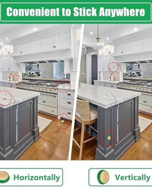 Natural roach repellent adhesive product shown in use on kitchen surfaces for convenient placement