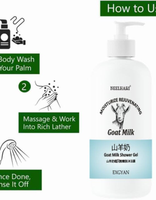 Moisturizing rejuvenating goat milk shower gel bottle with usage instructions for soft skin