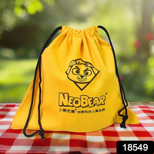 Heavy duty small dori bag in bright yellow with a fun bear logo for durable storage solutions