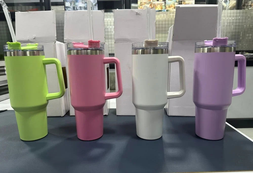 The Gir Farmer insulated sipper bottle with straw set of four tall handled tumblers in green pink white and purple