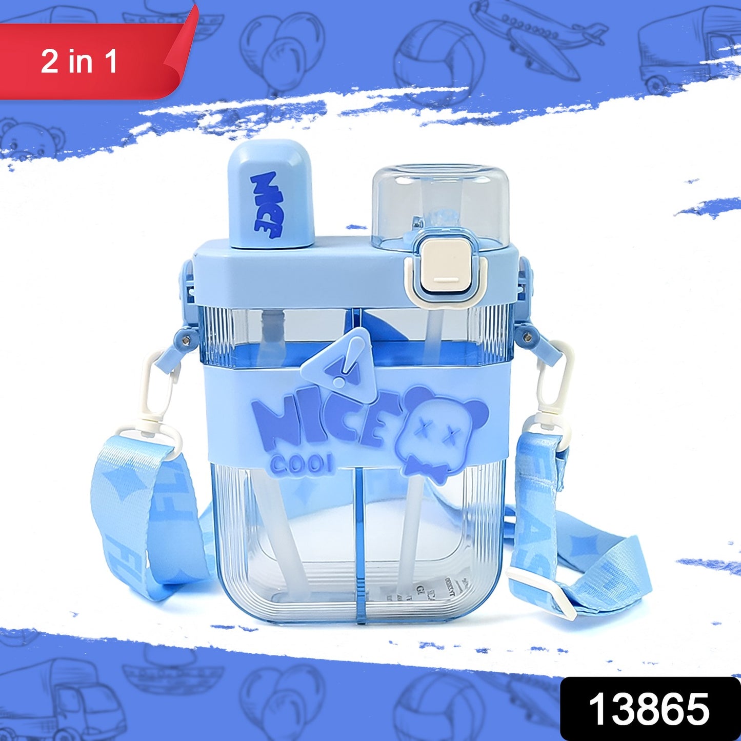 Wukusy dual compartment water bottle in blue with adjustable straps for convenient hydration