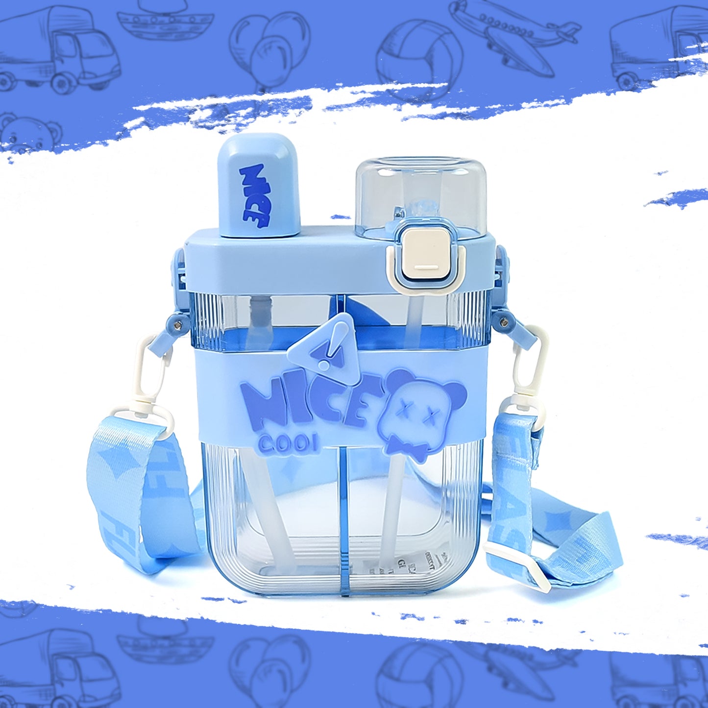 Wukusy dual compartment water bottle in blue with adjustable strap and two drinking straws for hydration on the go