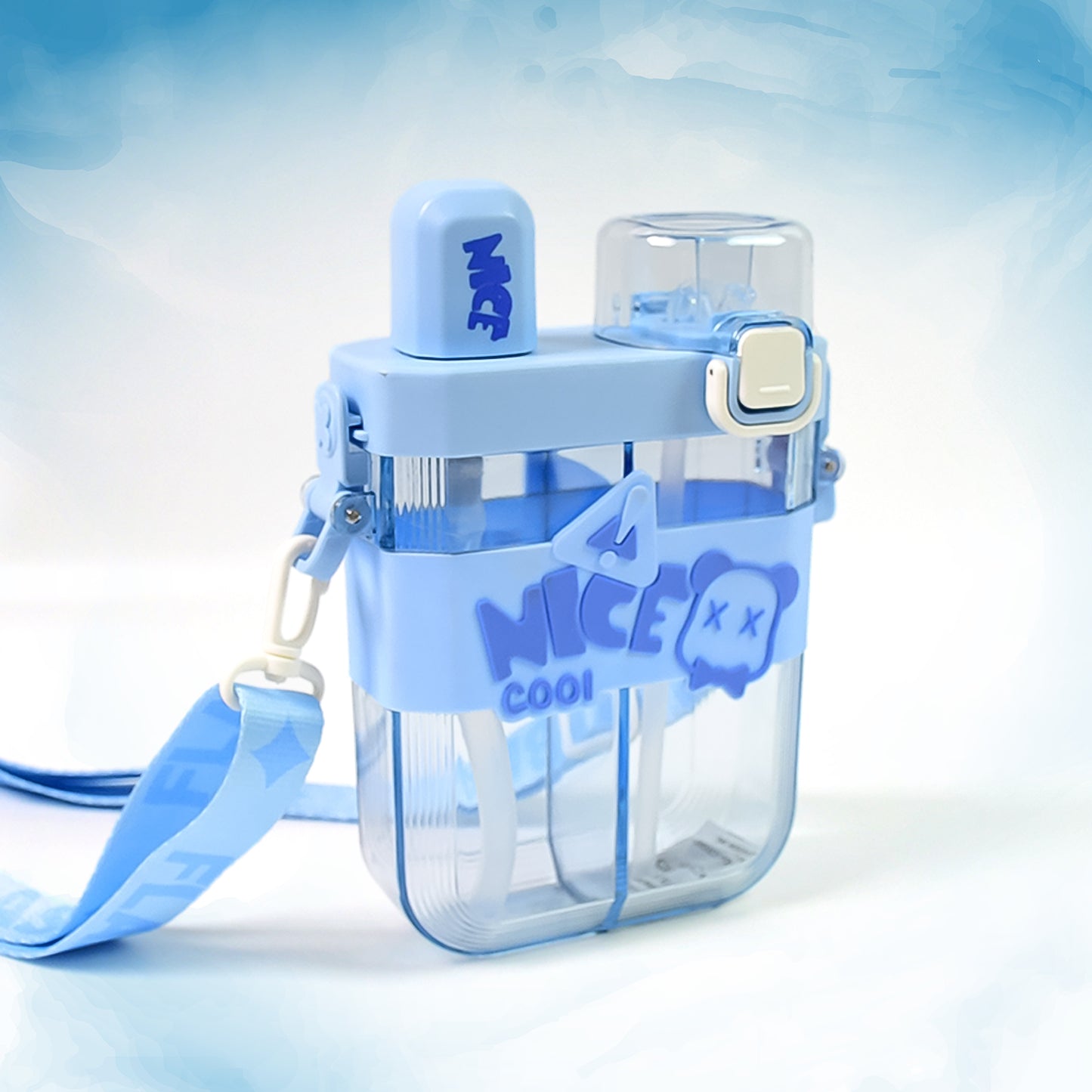 Wukusy dual compartment water bottle in blue with adjustable strap for hydration on the go