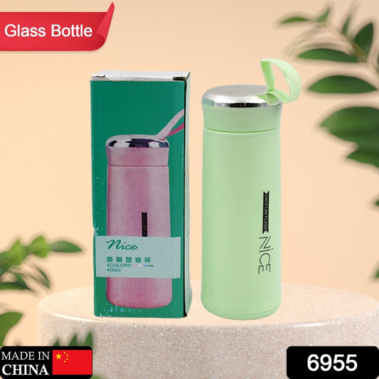 Your Brand leak proof glass water bottle 400ml in mint green with a sleek design and easy-to-carry lid