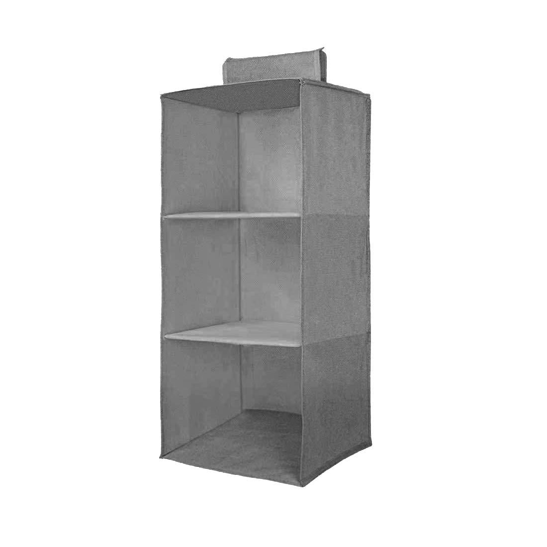 Gray non-woven fabric storage shelves with three compartments for organizing clothes and accessories