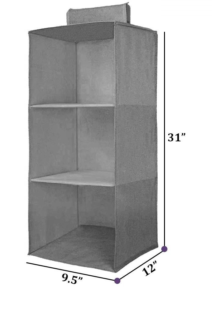 Gray non-woven fabric storage shelves with three compartments measuring 31 by 12 by 9.5 inches