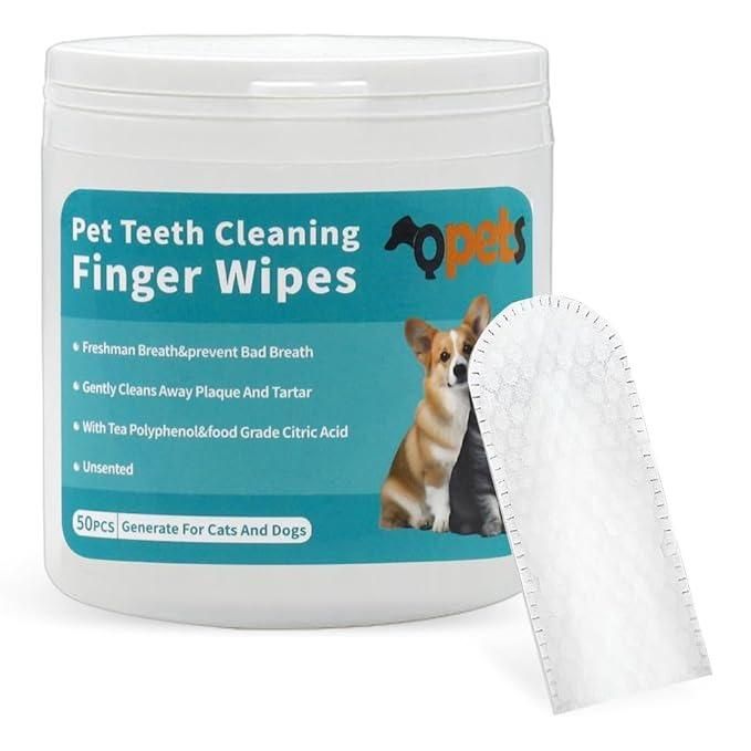 Container of cat and dog oral care wipes with finger wipe shown for pet teeth cleaning