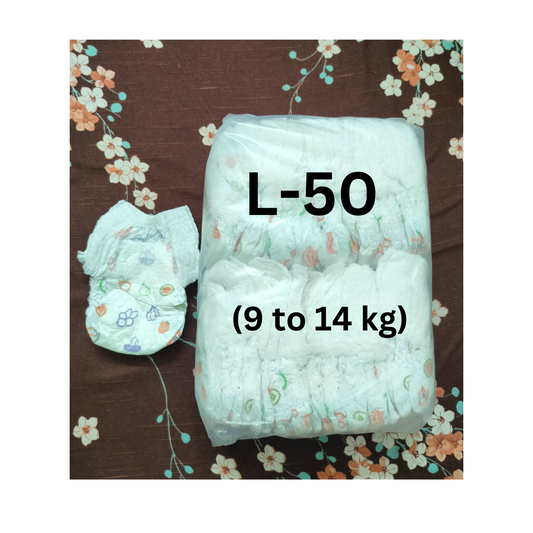 Pack of organic baby diapers size L-50 for babies 9 to 14 kg with floral design