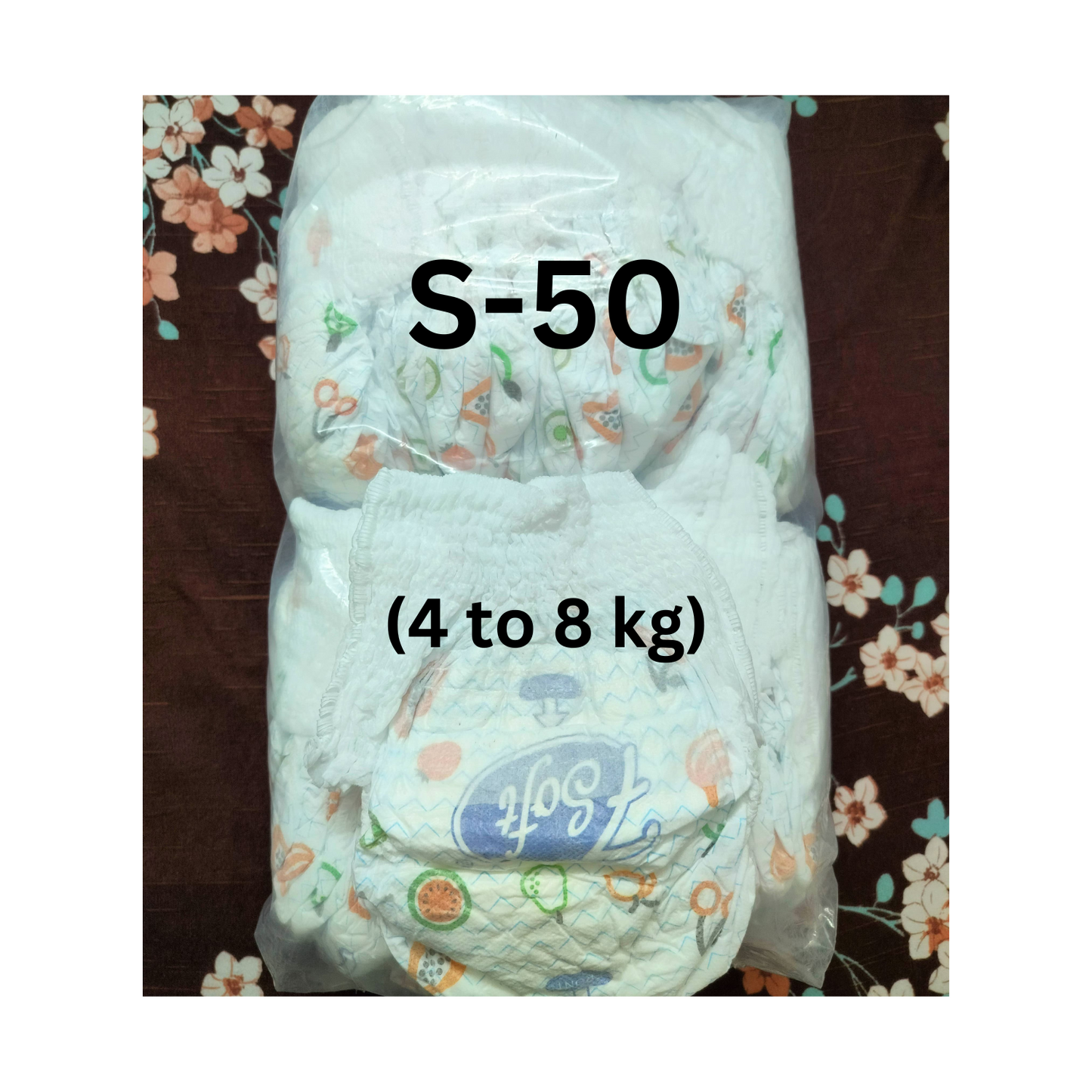 Pack of organic baby diapers size S-50 for babies 4 to 8 kg with floral design