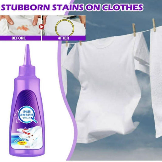 Organic fabric stain remover bottle shown with before and after images of stain removal on clothes