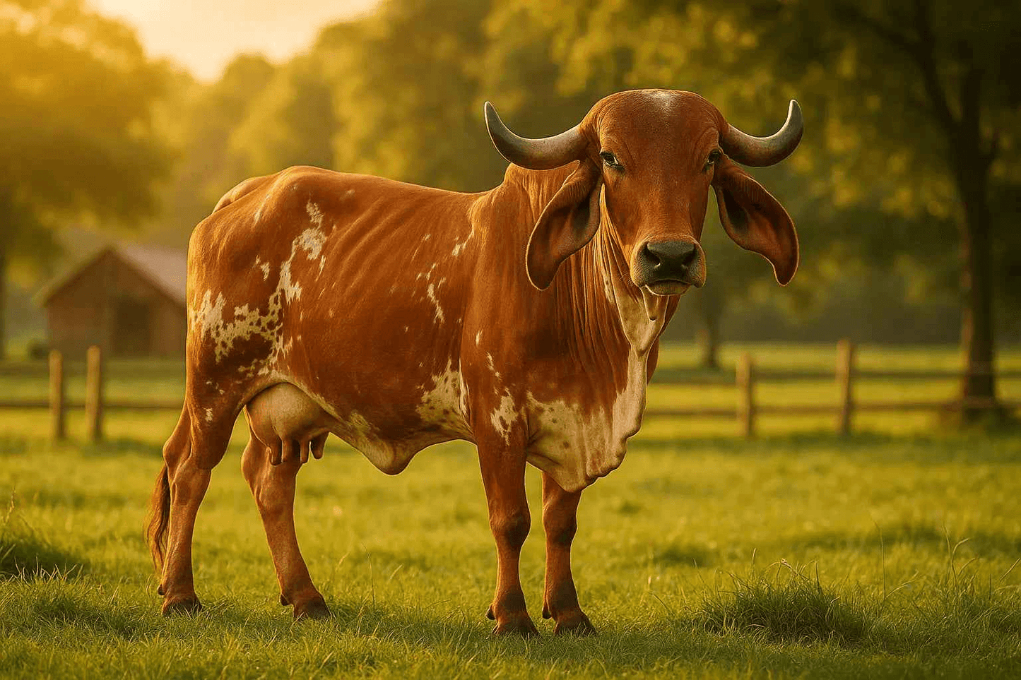 A healthy red and white Gir cow grazing in a lush green field, representing organic Gir cow ghee.