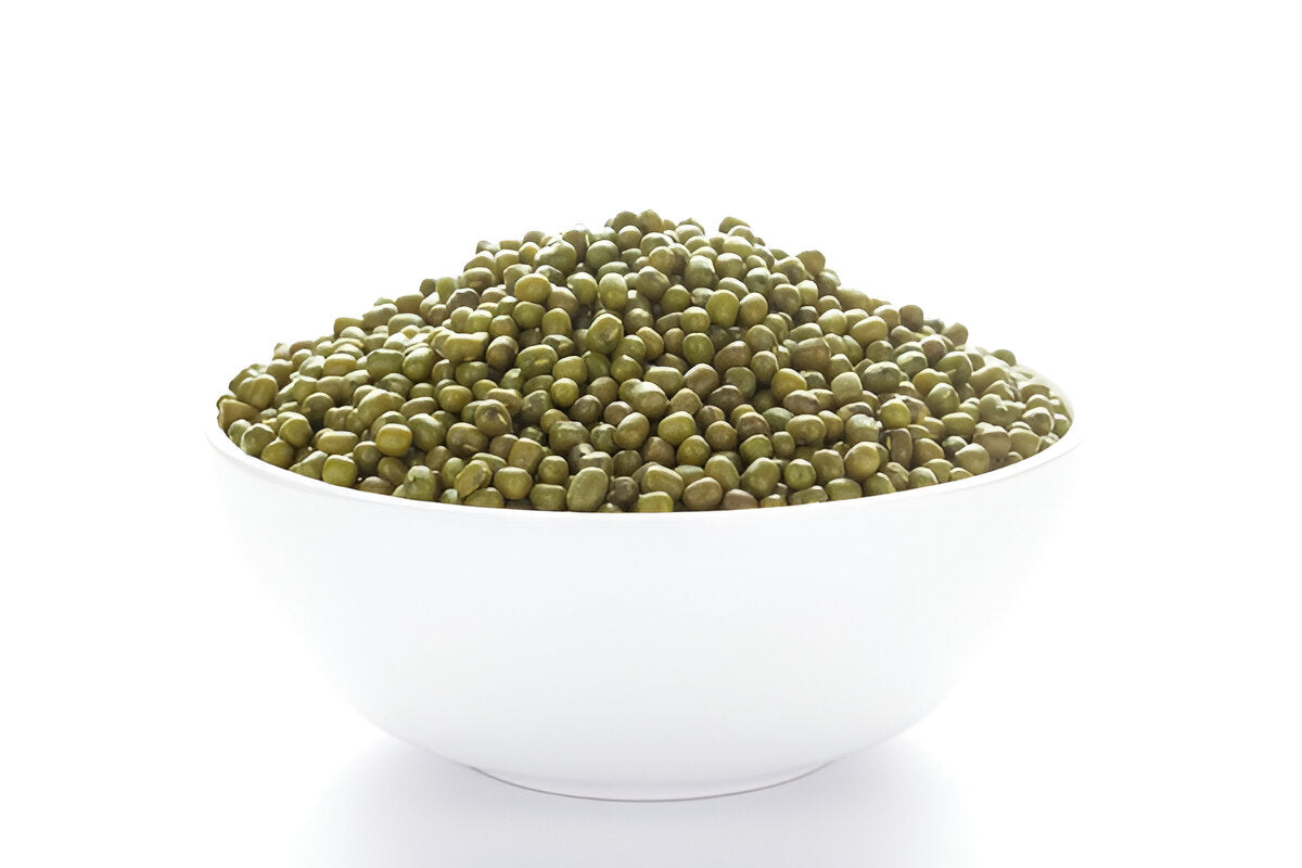 White bowl filled with organic green moong beans dal from THE GIR FARMER