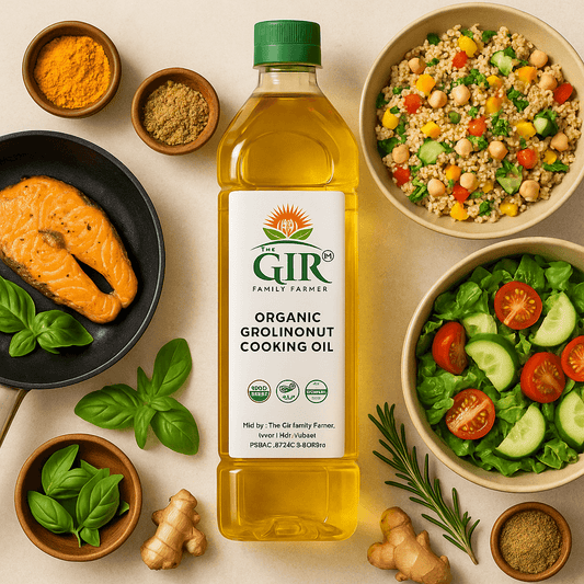 The GIR Farmer organic groundnut cooking oil in a bottle, surrounded by salmon, salad, and spices for healthy cooking