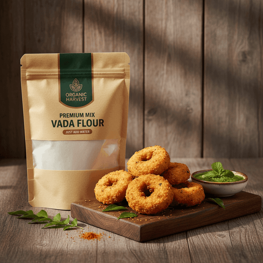 Package of Organic Mix Vada Flour with golden brown vadas and dipping sauce on a wooden board