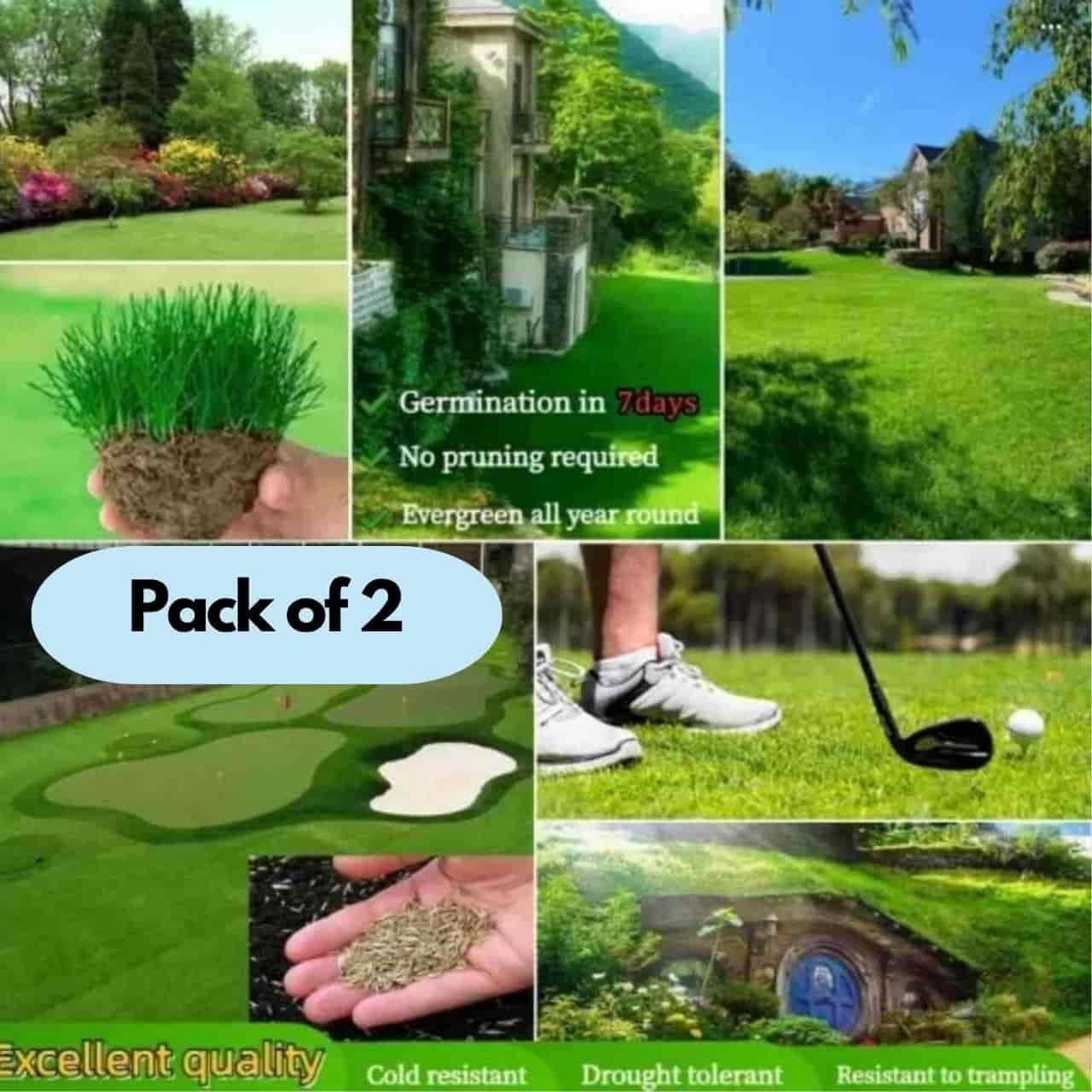 Pack of 2 organic herbicide granules for grass showing lush green lawns, germination in 7 days, and drought resistant features