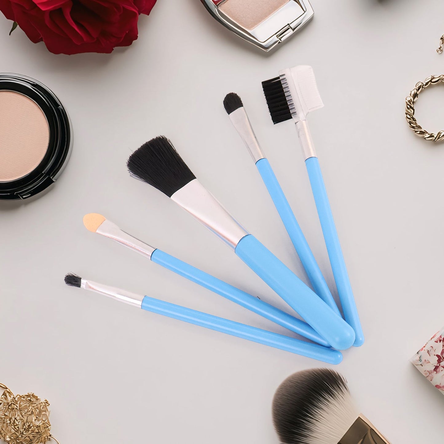Your Brand organic makeup brushes set with soft bristles in blue for flawless application