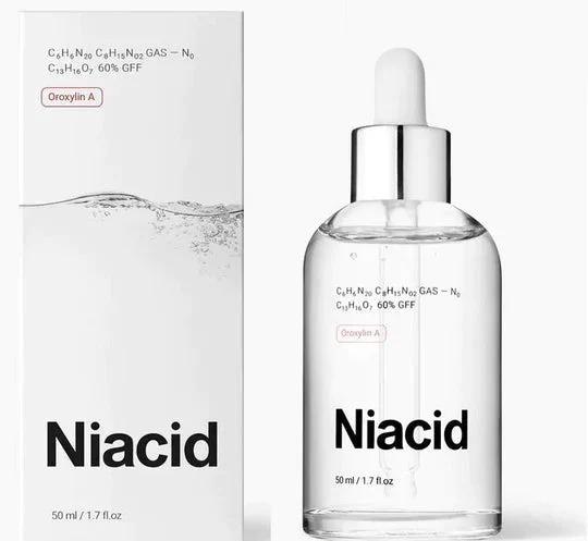 Organic niacid face serum in a clear bottle with a dropper, promoting healthy skin and hydration