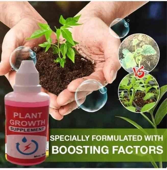 Organic plant growth enhancer bottle with hands holding a young plant and leafy seedlings