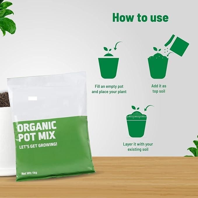 Organic potting mix bag with usage instructions for healthy plant growth