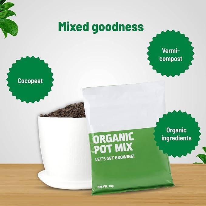 Organic potting mix package featuring cocopeat and vermicompost for healthy plant growth