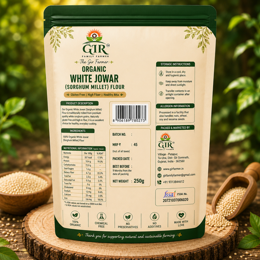 THE GIR FARMER Organic White Jowar Flour in a 250g package, perfect for gluten-free baking and cooking.