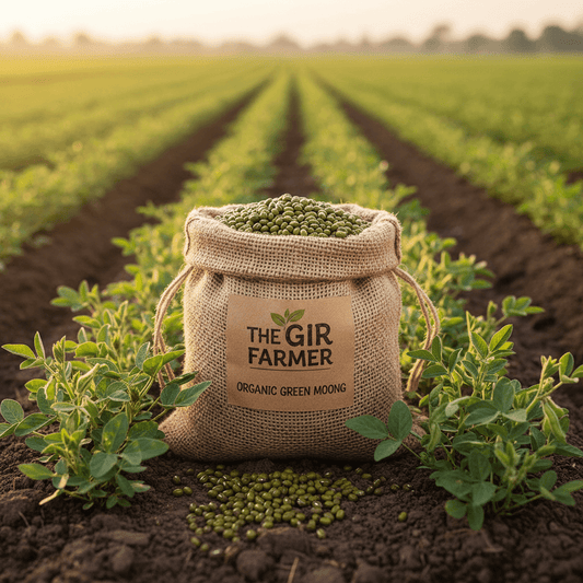 Sack of Organic Whole Moong from THE GIR FARMER, surrounded by lush green plants in a farmer's field