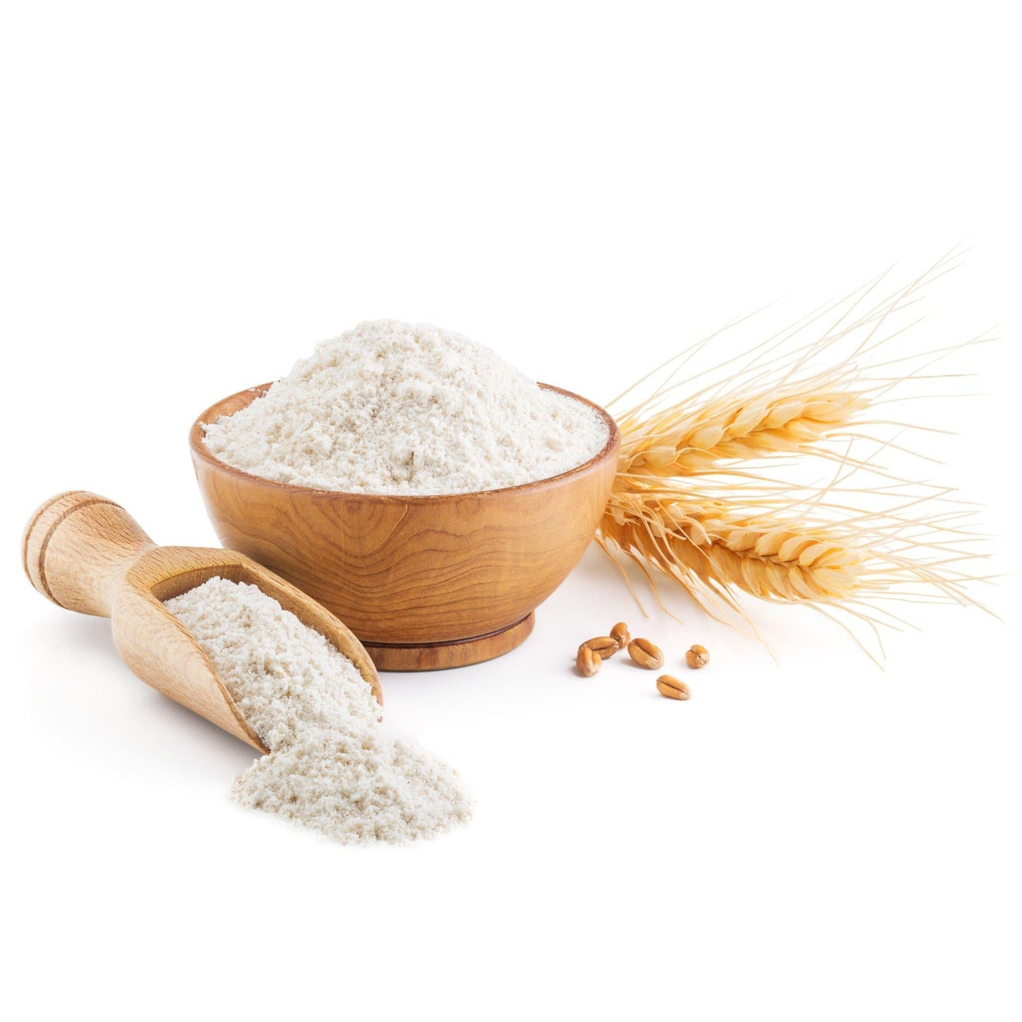 THE GIR FARMER Organic whole wheat flour in a wooden bowl with a scoop and wheat stalks