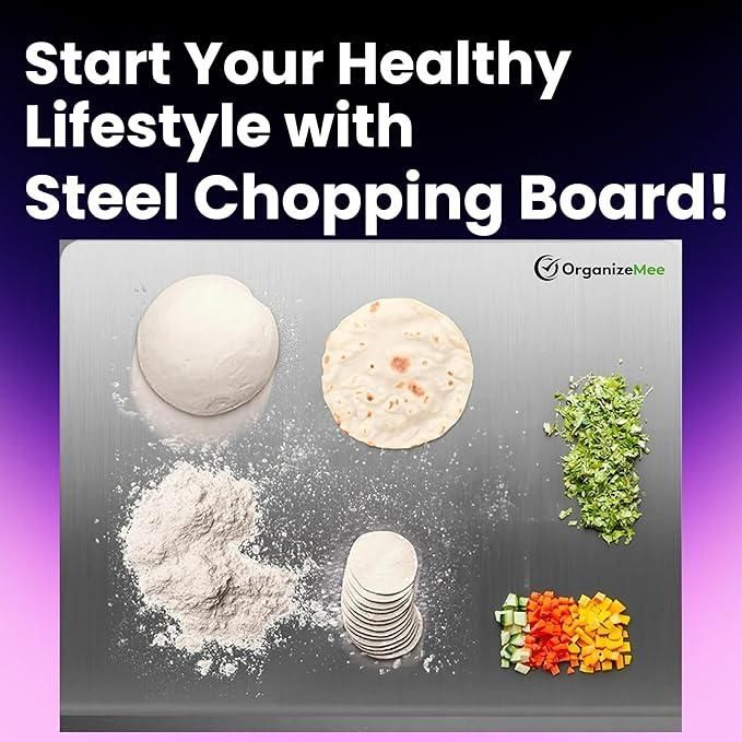 Stainless steel chopping board with dough, tortilla, flour, chopped vegetables, and herbs on a purple background