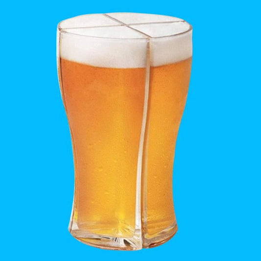 Clear four compartment beer splitter mug filled with golden beer and frothy foam for sharing