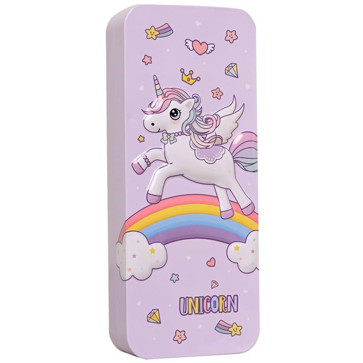 Purple unicorn design Paw Patrol pencil box for kids with rainbow and star decorations